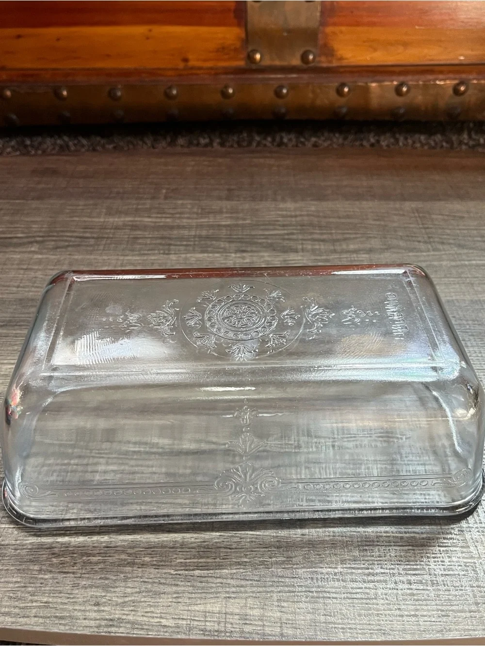 Beautiful Fire King loaf pan. Decorative. Chip on outside and rim. See photos